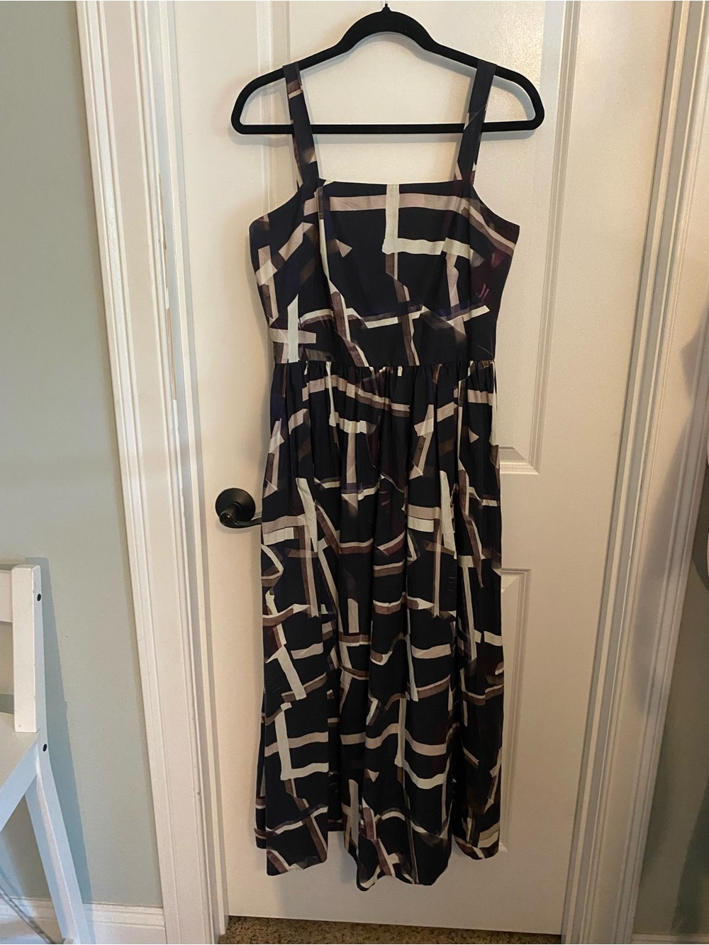 COS Navy and Cream Geometric Strap Smocked Maxi Dress